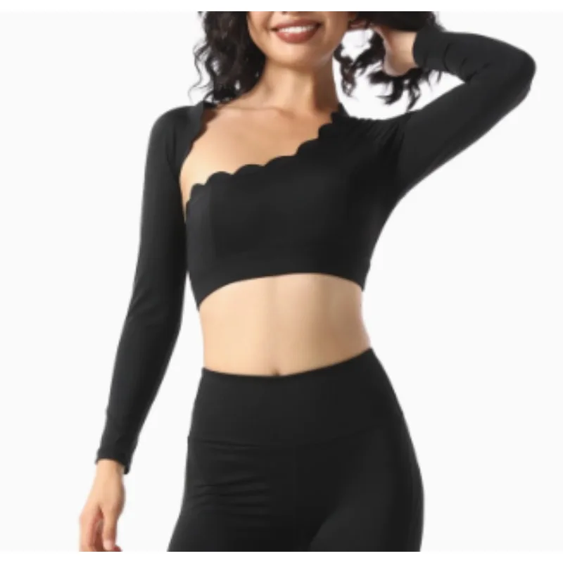 

Oblique Shoulder Tops Women's Sports Tights Yoga Clothes Breathable With Chest Pad Long Sleeve Fitness Leggings Workout
