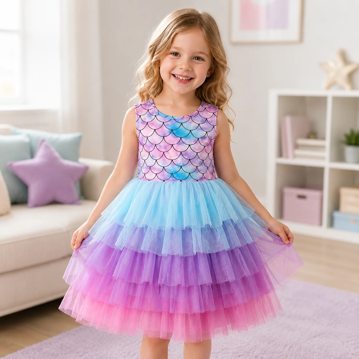 Toddler Girls Gradient Purple Blue Pink Tulle Tutu Dress Sleeveless Mermaid Scale Print Princess Gown Kids Birthday Photoshoot C