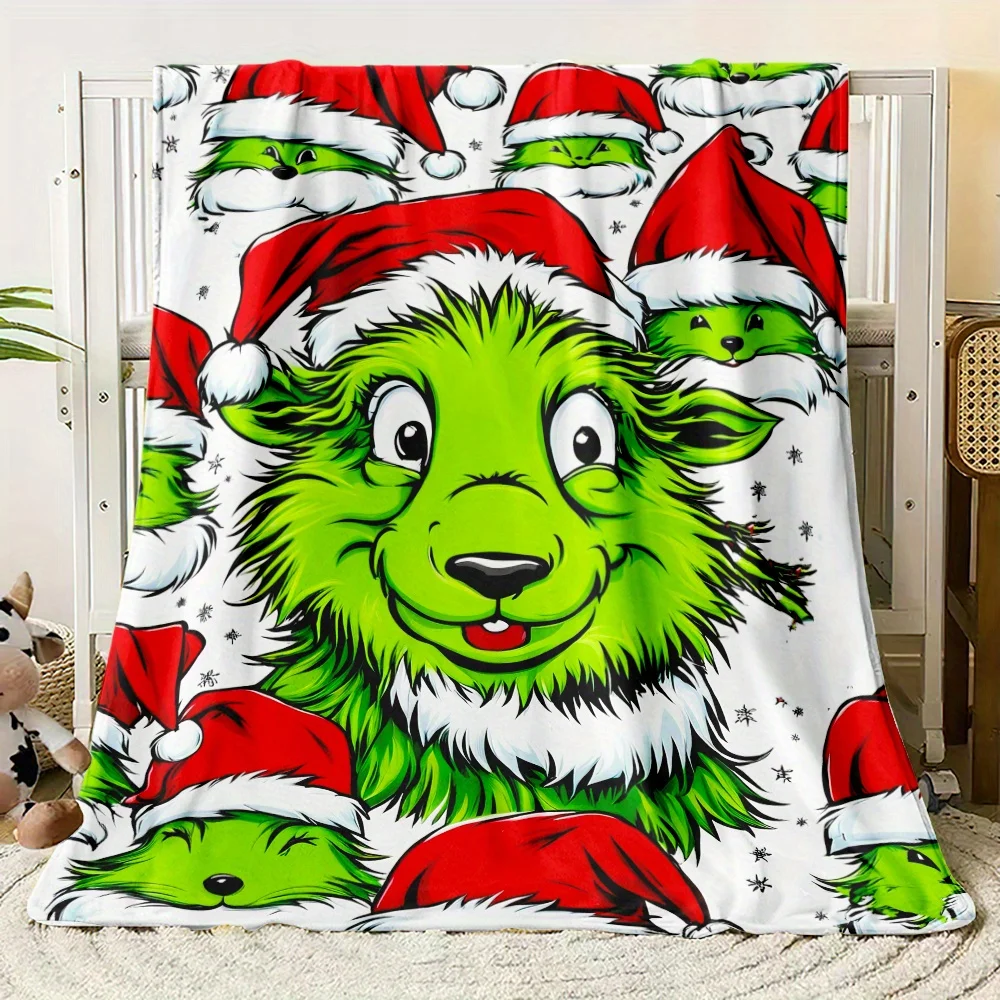 Festive Green Creature Flannel Blanket, Christmas Theme Soft Throw, All Season Knit Polyester, Machine Washable Cozy Decor
