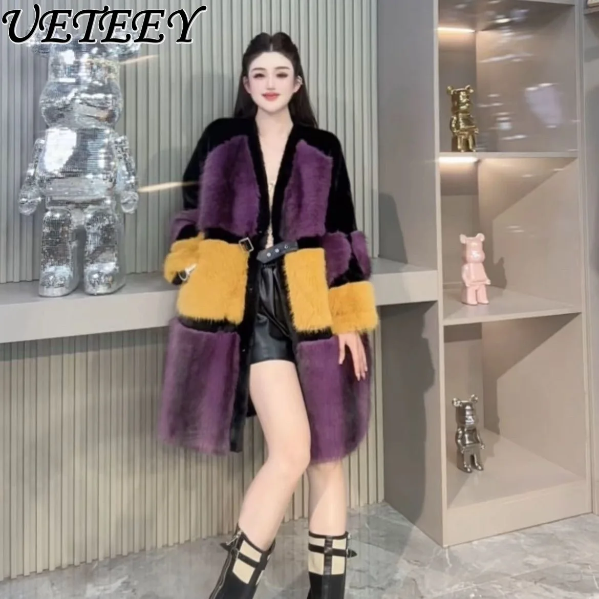 Winter Neue High-End-Stilvolle Lange Faux Pelzmantel Patchwork Farbe-Block Pelzigen Mode Leopardenmuster Vielseitig Warme Pelz mantel