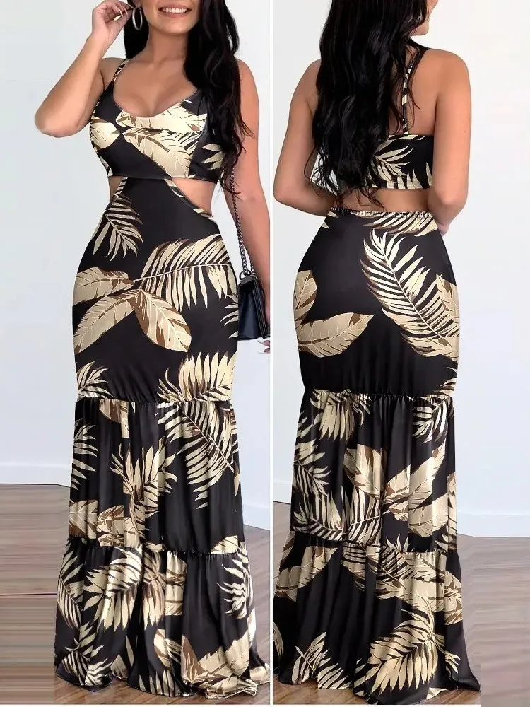 

Casual Women's V-neck Pencil Sleeveless Bodycon Long Dress Summer Fashion Floral Spaghetti Strap Back Hollow Out Slim Maxi Dress