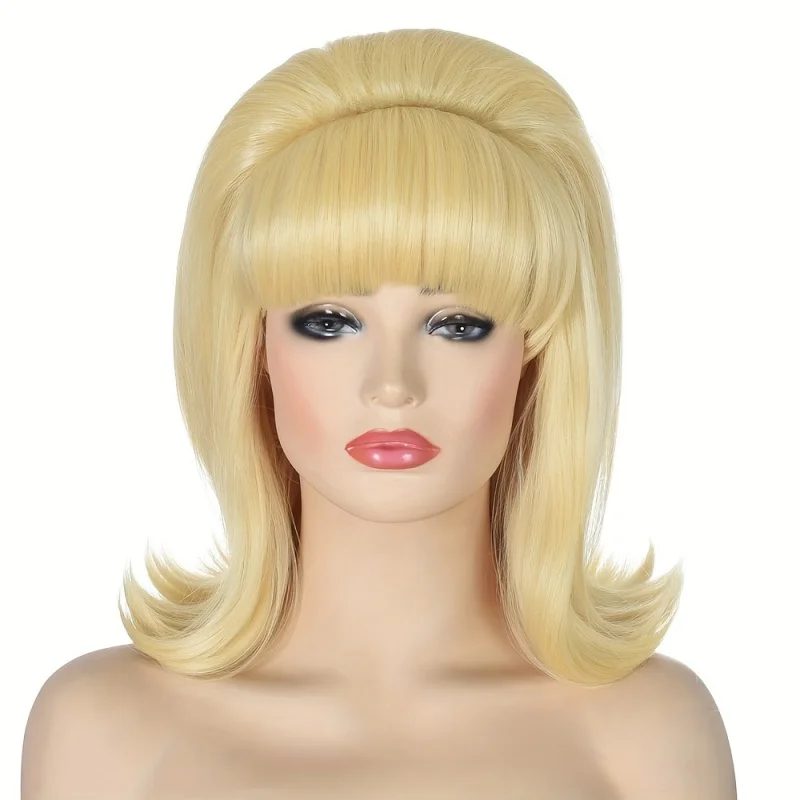 14 Inch Blonde Bob Wig For Women, Natural Looking Synthetic Hair Wig With Bangs & Realistic Scalp, 1950s Retro Style Wig For Cos