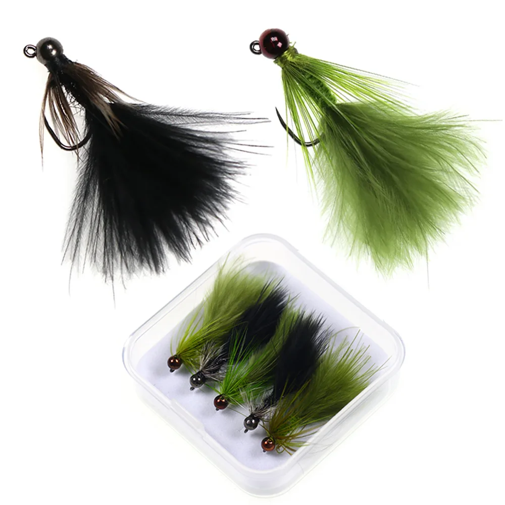 5pcs #12 Tungsten Bead Head Woolly Bugger Barbless Jig Nymph Streamers Fly for Trout Salmon Pike Bass Fishing Lure Baits