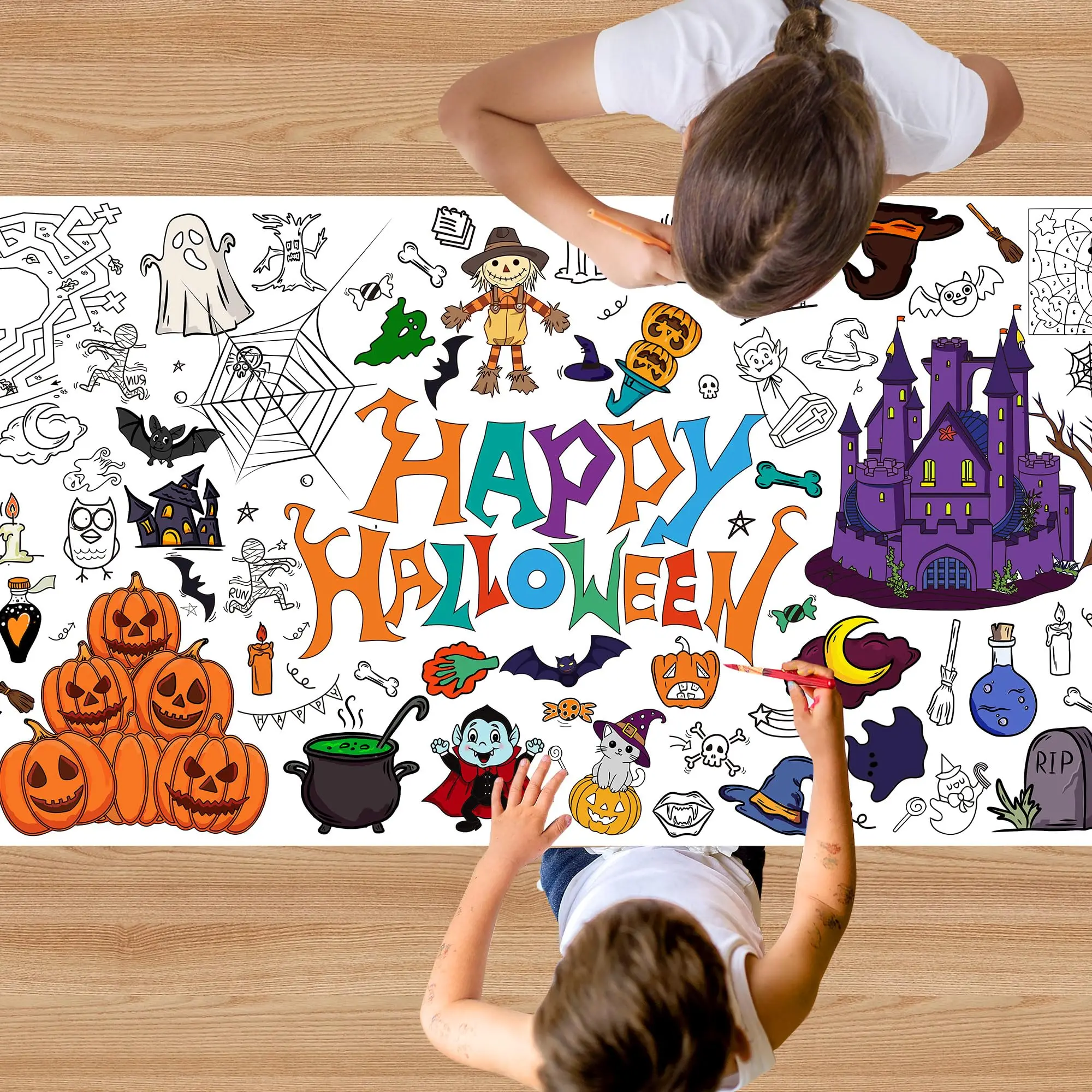 Halloween Giant Coloring Tablecloth Kids Halloween Crafts Activities Coloring Poster Banner Fun Games Party Decoration School