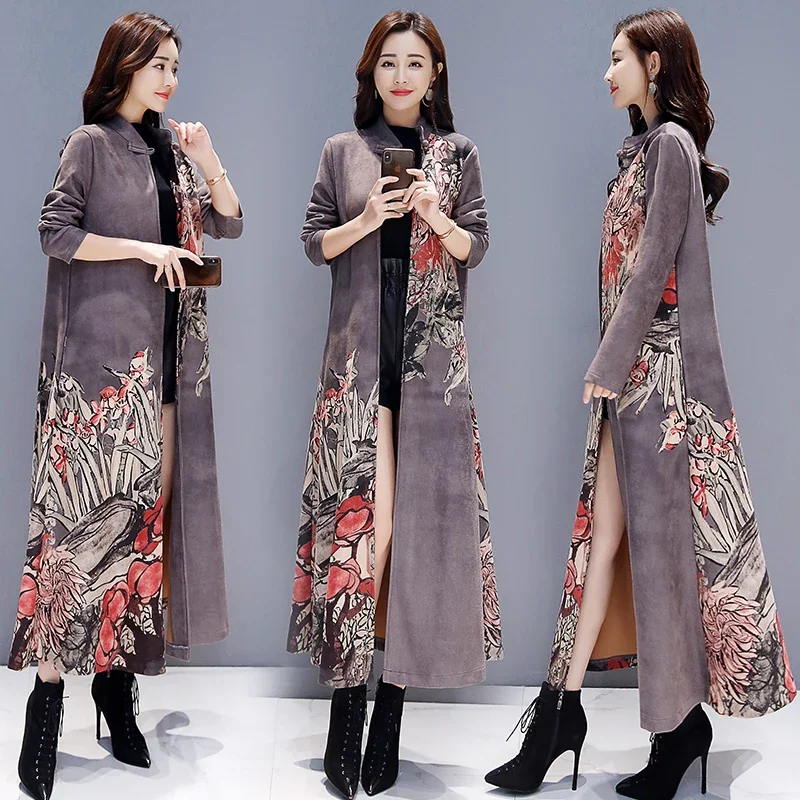 2023 Fall Spring  Women Red Grey Floral Print Long Suede Trench Coats , Womens Clothes Mandarin Collar Flower  Loose Coats