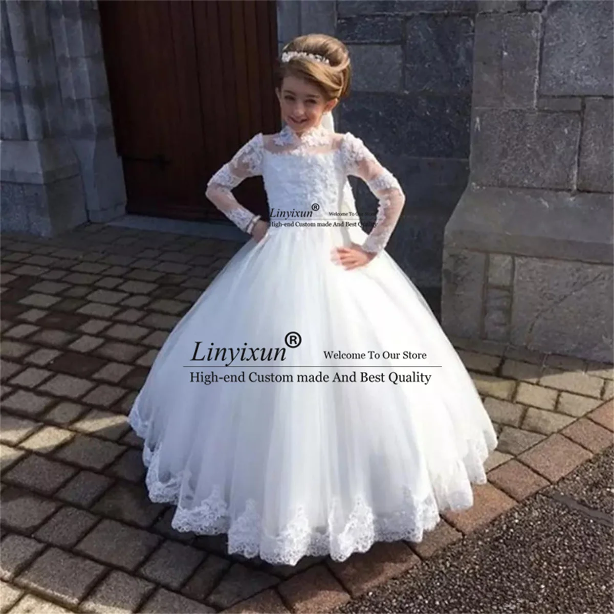 

White Lace Flower Girls Dress for Wedding Party High Neck Appliques First Communion Gowns Tulle Full Sleeve Kid Holy Party Dress