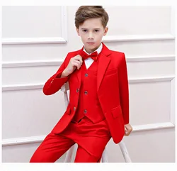 Flower Boys Formal Red Wedding Suit Kids Party Photograph Set Teenager Birthday Tuxedo Dress Children Graduation Show Costume