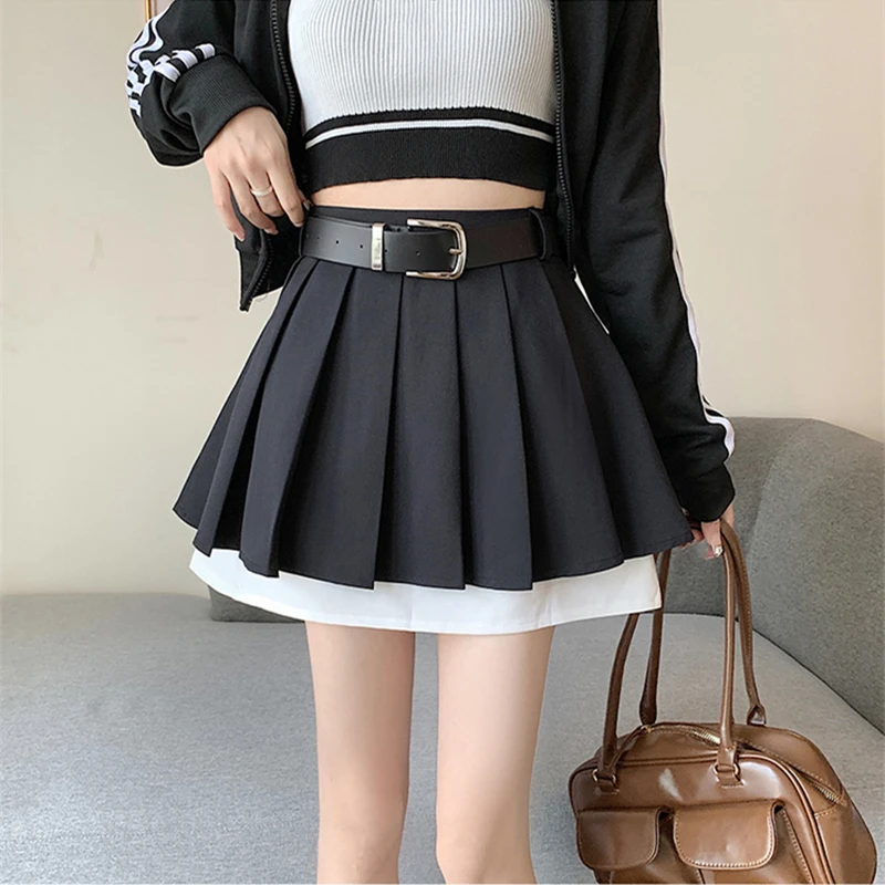 

Women Korean High Waist Belt Skirt Summer Casual Harajuku Mini A-Line Short Skirt Ladies Solid Sweet Pleated Skirt Female