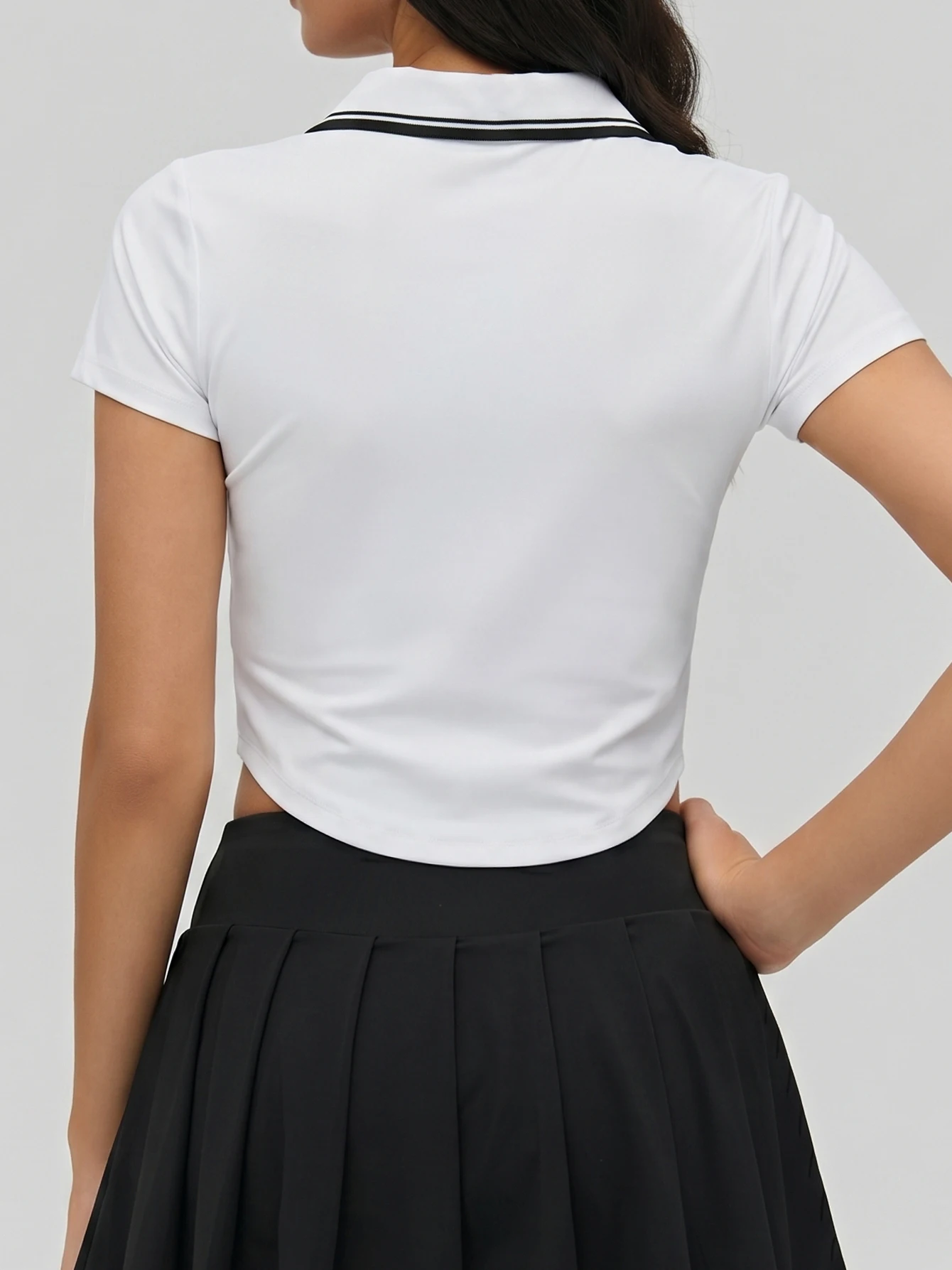 Women Half Zip Polo Collar Athletic T-Shirt Curved Hem Cropped Workout Top Slim Relaxed Fit Short Sleeve Tee For Tennis Yoga Run view 6