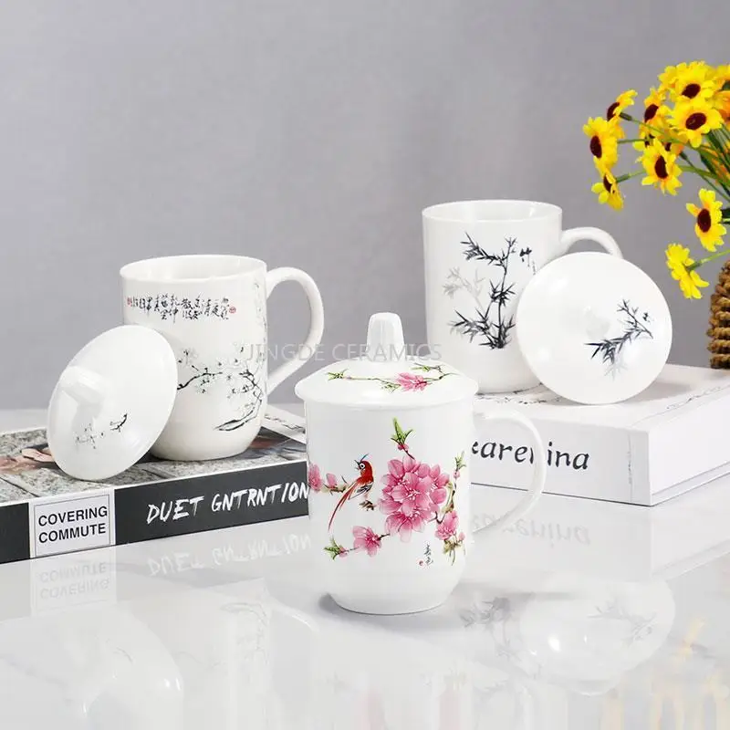 Ceramic Teacup Household Water Cup, Office Water Cup, with Lid, Conference Hall, Hotel Tea Cup, Chinese Tea Ceremony Accessories