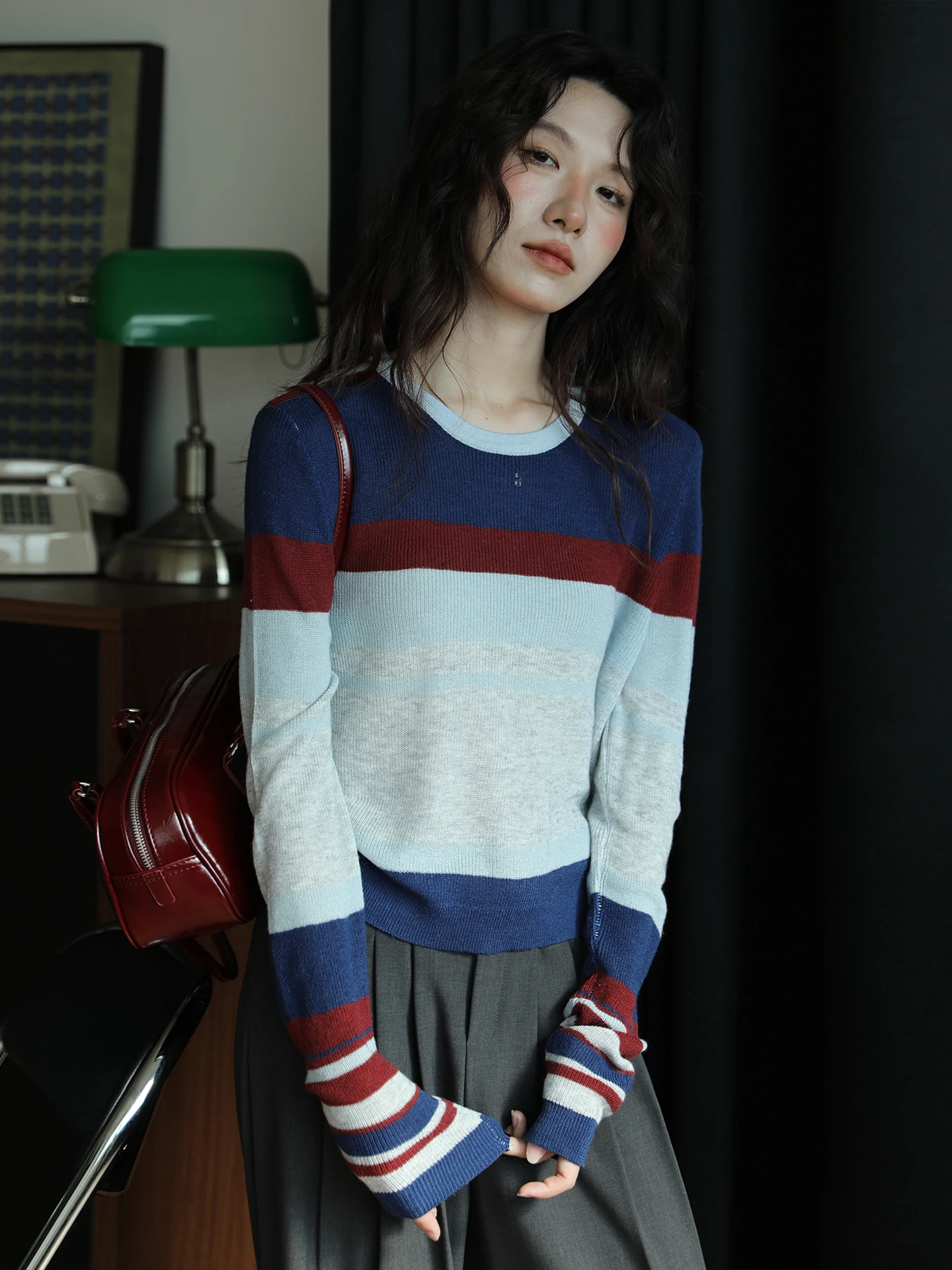 

Модный вязаный свитер с контрастными цветами и круглым вырезом, мягкий, с длинными рукавами, эластичный, осенне-зимняя верхняя одежда, дизайнерский топ