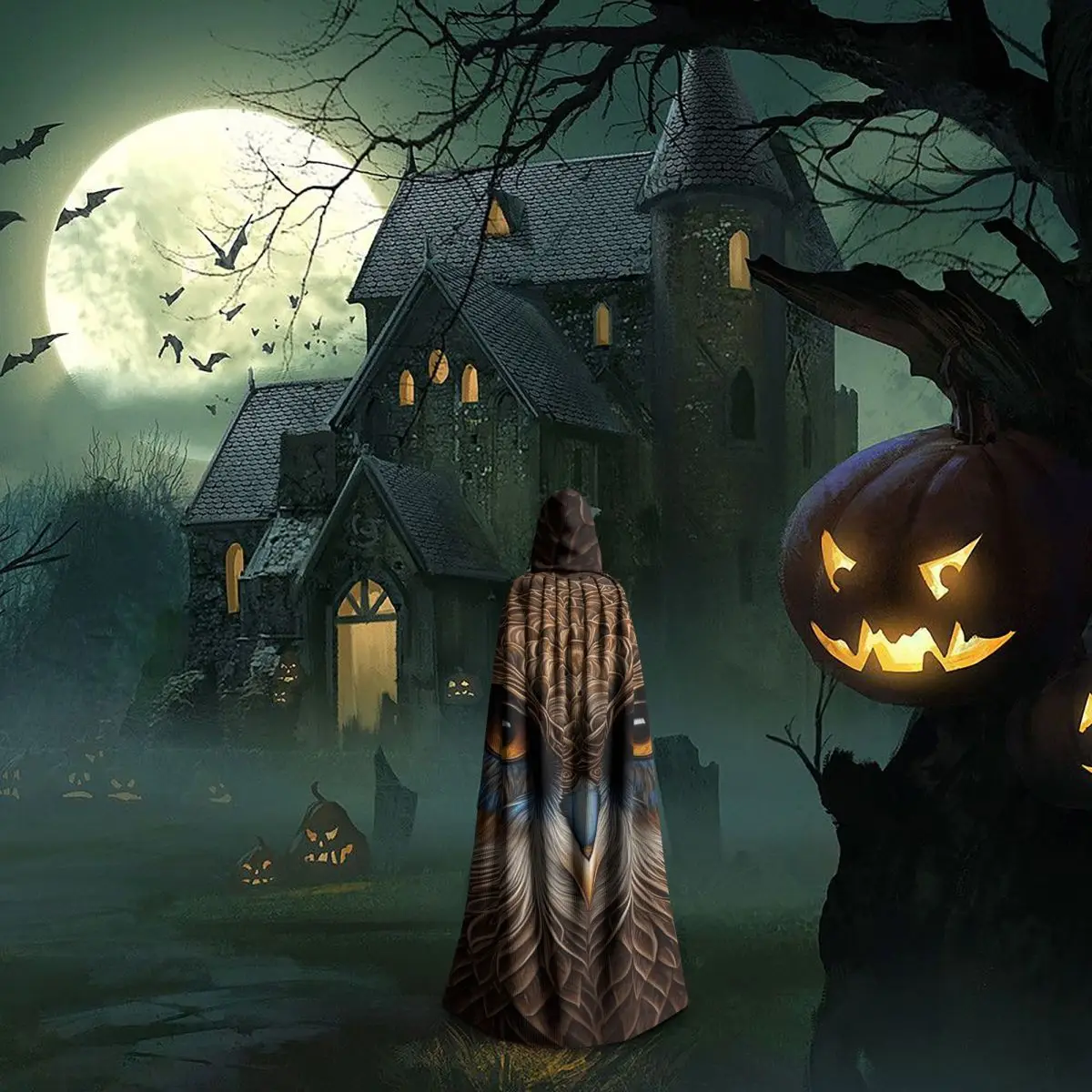 البومة صورة طويلة مقنعين عباءة الساحرة القرون الوسطى زي تأثيري كيب HalloweenParty الكبار للجنسين
