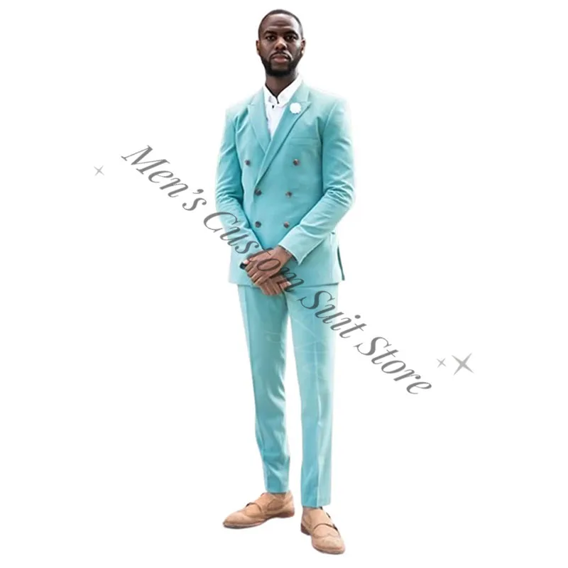 Summer Mint Double Breasted Men's Suits Peaked Lapel Jacket Pants 2 Pieces Beach Wedding Groom Tuxedos Prom Party Blazers Suit