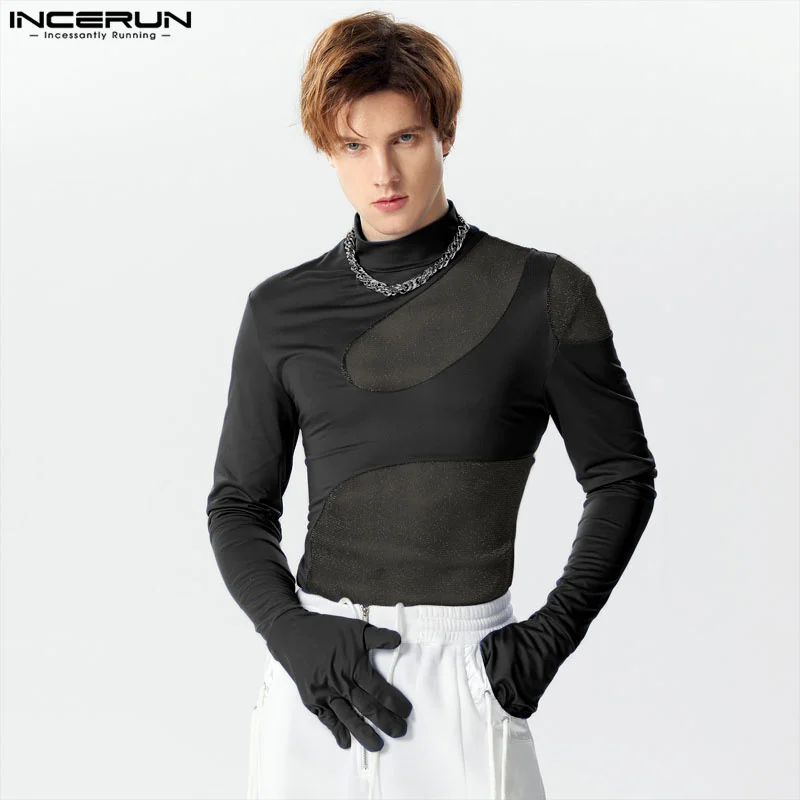 2024 Men Bodysuits Mesh Patchwork Sexy Transparent Streetwear Male Rompers Turtleneck Long Sleeve Fashion Bodysuit S-3XL INCERUN