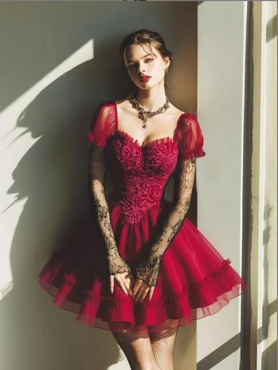 Vestidos femininos góticos vinho tinto rosa flor apliques renda jacquard zíper babados em camadas vestido linha a