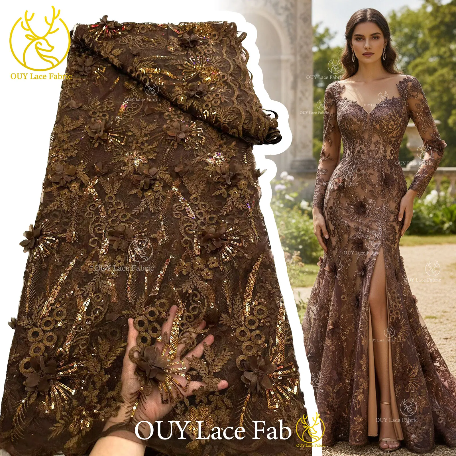 

3D Coffee African Sequins Mesh Embroidery Lace Fabric Luxury French Nigerian Tulle Lace Trim For Women Evening Dress Sewing
