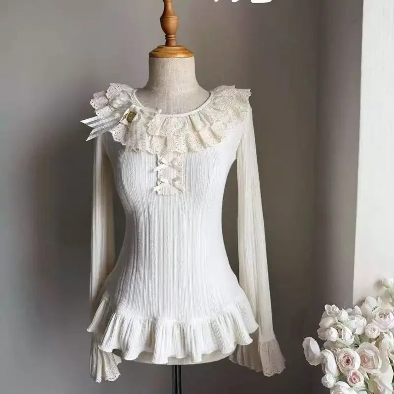 Sweet Lolita Women Lace Ruffle Bow Long Sleeve Knit Top Elastic Cute Inner Blouse Autumn Winter
