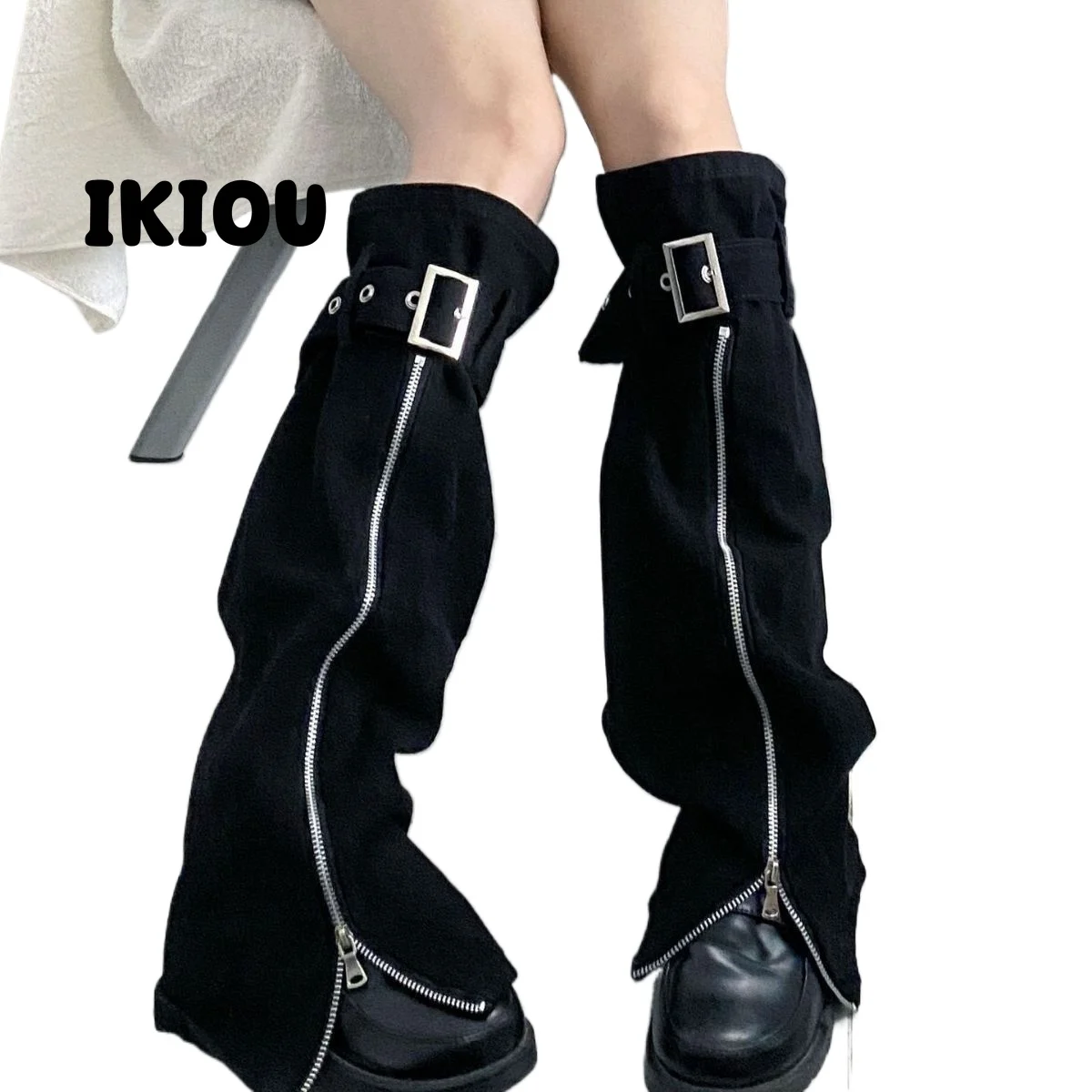 IKIOU Trendy Y2K Black Punk Flared Denim Leg Warmers with Adjustable Zipper - Slimming Design long  socks  goth