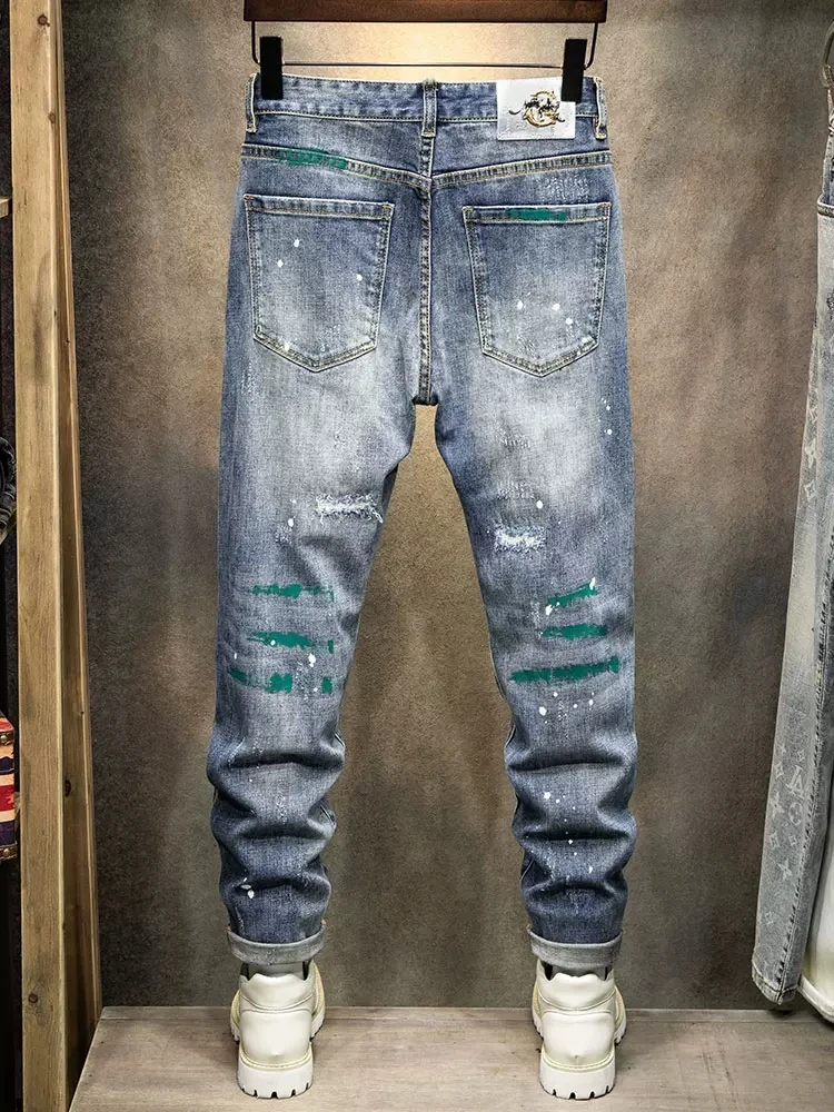 Street Fashion Men Jeans Retro Blue Elastic Stretch Skinny Ripped Jeans Men Painted Designer Hip Hop Denim Pencil Pants Hombre
