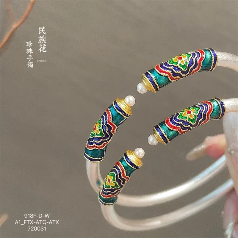 Silver 999.9 Tube Burning Blue New Open Pearl Bracelet Ethnic Style Hand Accessories