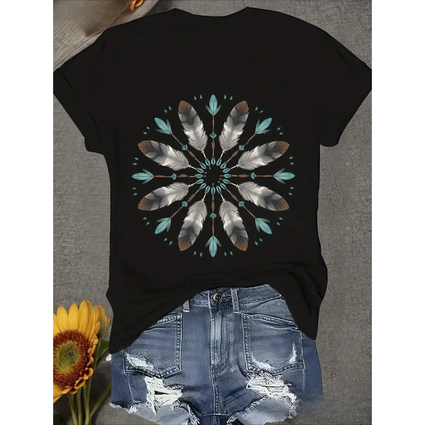 

Boho Feather Mandala T-shirt for Women Ethnic Tribal Graphic Tee Bohemian Style Casual Top
