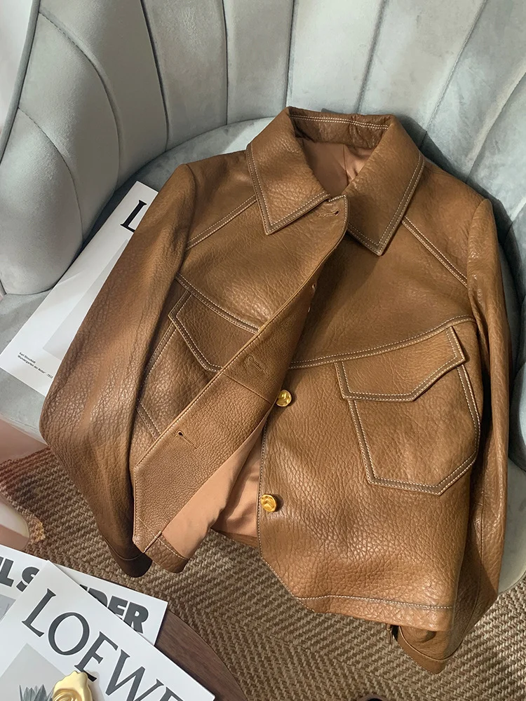 Spring  Autumn Leather Jacket Flip Collar Single Breasted PU Long Sleeve Outwear Women's Solid Short Fit Slim Motorcycle Coat