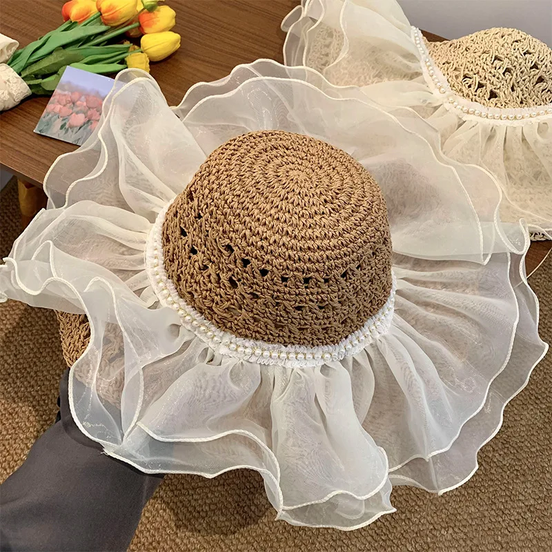 Hand Hook Hollowed Out Flat Top Grass Hat For Women, Ruffled Edge Double-Layer Lace Pearl Sun Hat, Fashionable Outdoor Sun Hat