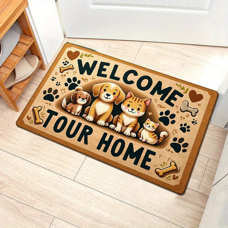 Welcome Home Dog Print Door Mat Carpet, Adorable Puppy Cat Design Non-Slip Polyester for Kitchen Living Room Decor