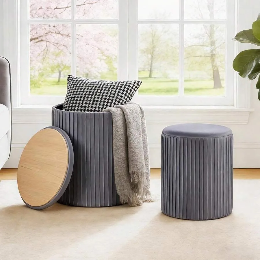 Sweetcrispy Round Ottoman With Storage Set Of 2, Vanity Stool Chair With Storage, Makeup Cute Soft Small Footstool Modern Style