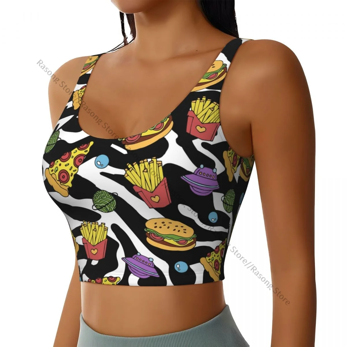 Women Sexy Sports Vest Cute Pizza Hamburger French Fries On 80s 90s Zebra Print Female Streetwear Sport Lingerie Tee Crop Top