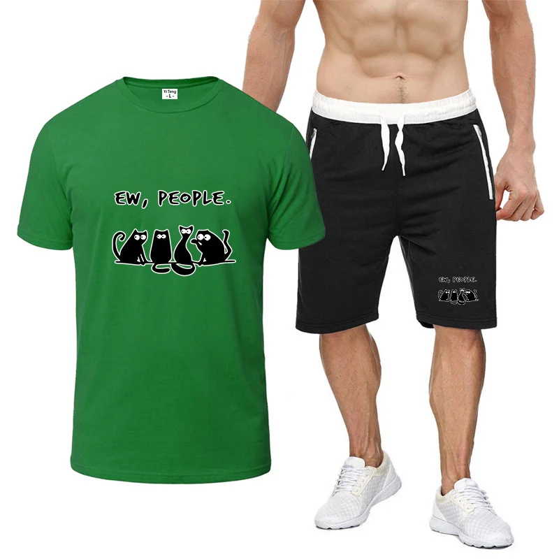 

Summer Suits Funny cat Logo Print Correct and Without any sense of Restraint Round Neck Short Sleeve T-shirt Pants Sports Suits