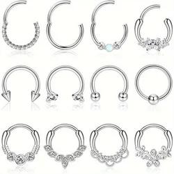 Florideco 1PC 16G Septum Ring 316L Stainless Steel Nose Ring CZ Opal Cartilage Hinged Segment Clicker Ring Nose Piercing Jewelry