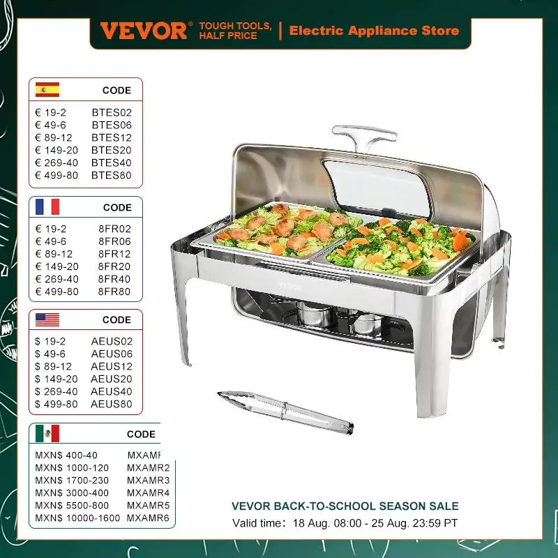 

VEVOR 9QT Roll-top Chafing Dish Buffet Set Stainless Steel Chafer w/2 Half Pans Rectangle Catering Warmer w/Lid Fuel Holder