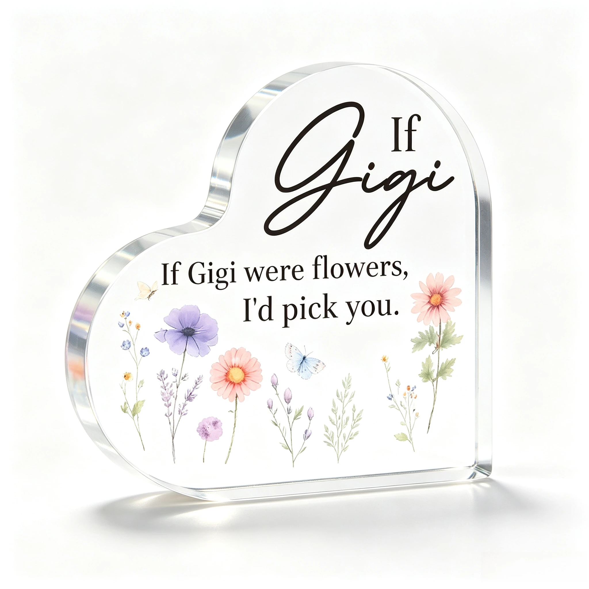 Custom Name Heart‑Shaped Acrylic Plaque Watercolor Wildflowers Butterfly Quote Print Freestanding Table Ornament Personalized Floral Desk Shelf Decor Sweet Sentimental Keepsake Gift for Friends Family