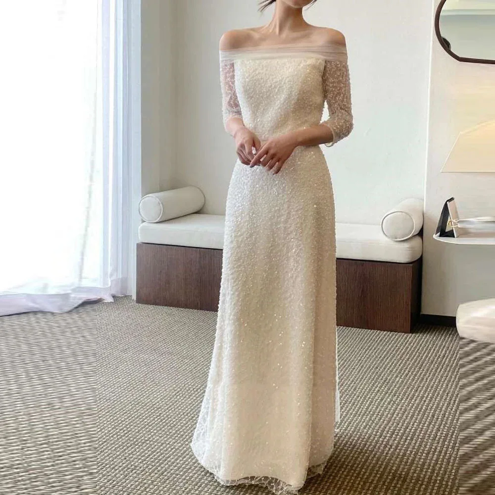 

Elegant Glitter A Line Korea Wedding Gowns Photo shoot Strapless Half sleeves Floor Length String Back Bride DressCL-542