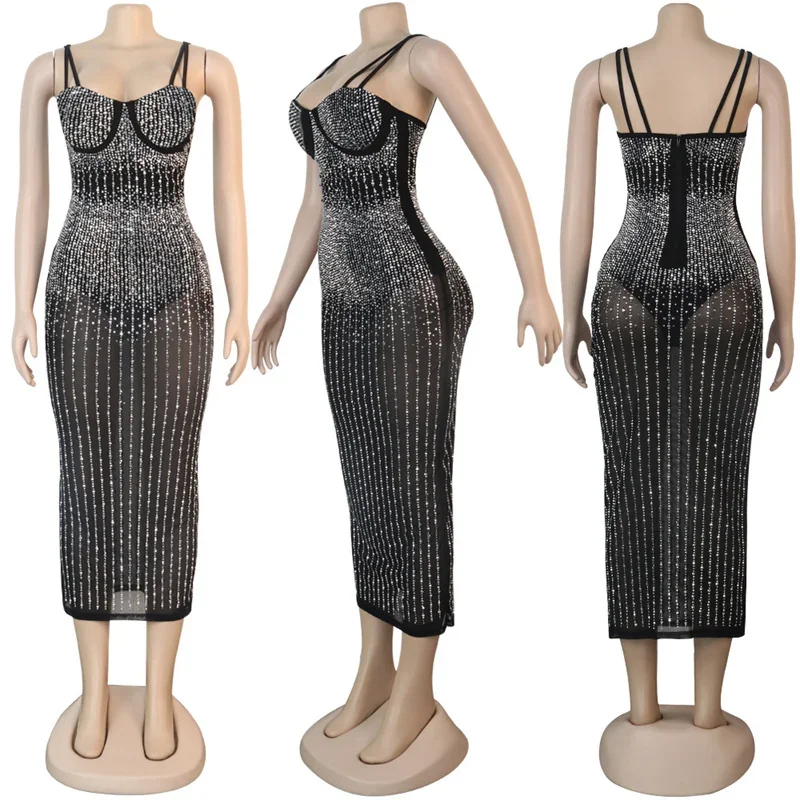 Vestido de aniversário brilhante com strass para mulheres, festa noturna, clube, malha transparente, alças finas, sem alças, bodycon, vestidos midi
