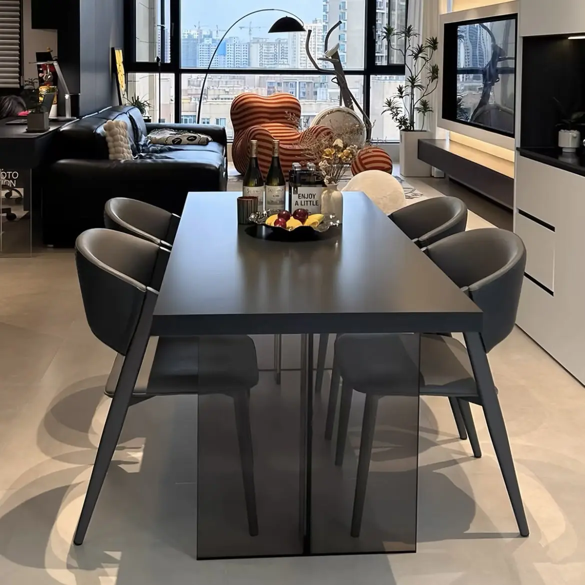 Acrylic sintered stone solid black for small homes, hanging rectangular floating dining table and chairs