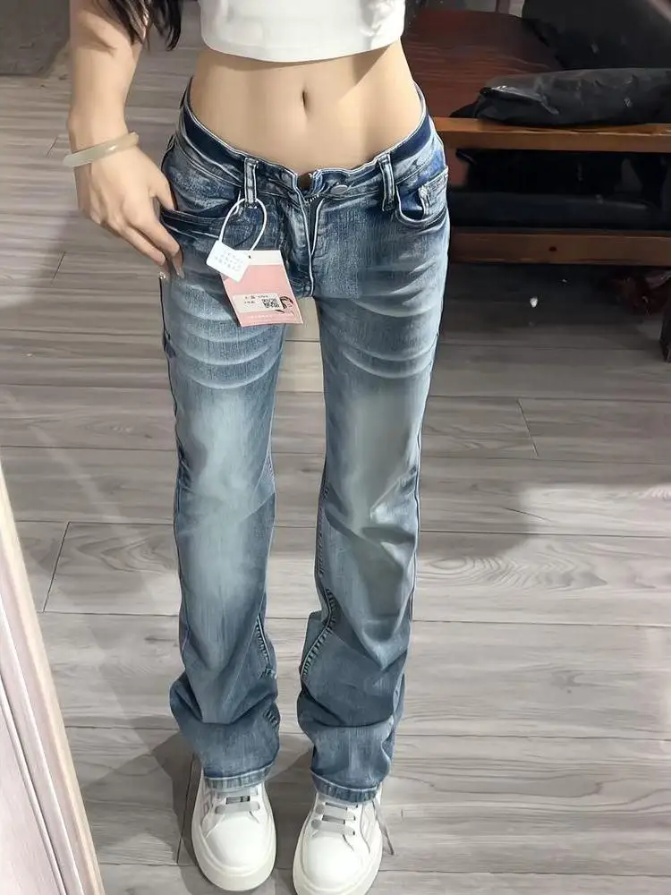 

Cool American Low Waist Slim Fit Straight Leg Jeans Women's Faionable Spring Summer Bell Bot Denim Pants Casual Sle