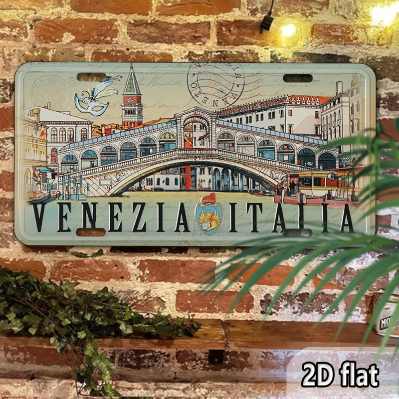 ملصق سفر إيطالي عتيق مسطح ثنائي الأبعاد - لافتة ديكور جدارية معدنية من فينيسيا إيطاليا مع جسر ريالتو وجندول #6