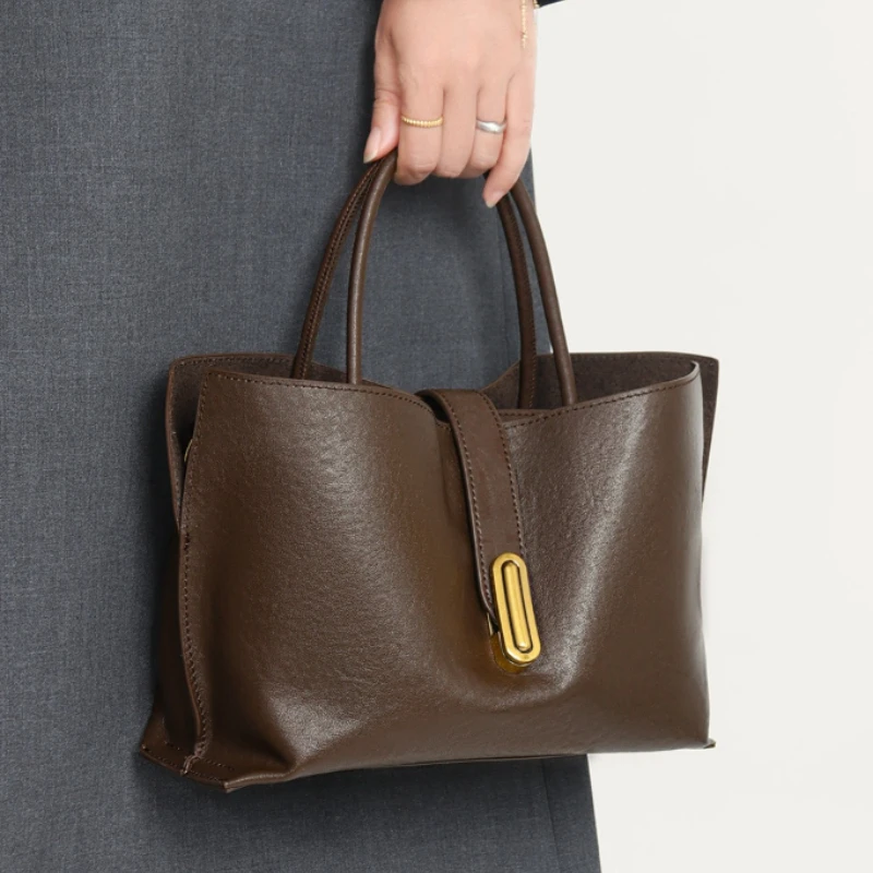 

Women's Vegetable Tanned Leather Tote Bag Rotating Lock Buckle Large Capacity Top Handle Crossbody Handbag Purse Vintage Design