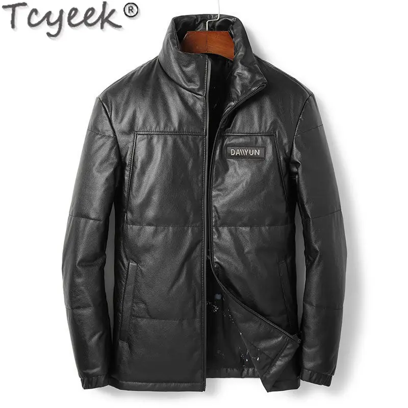 

Tcyeek Real Leather Jacket Men Short Top Layer Cowhide Leather Down Jacket Men's Stand Collar Slim Clothes Winter Male Jacket