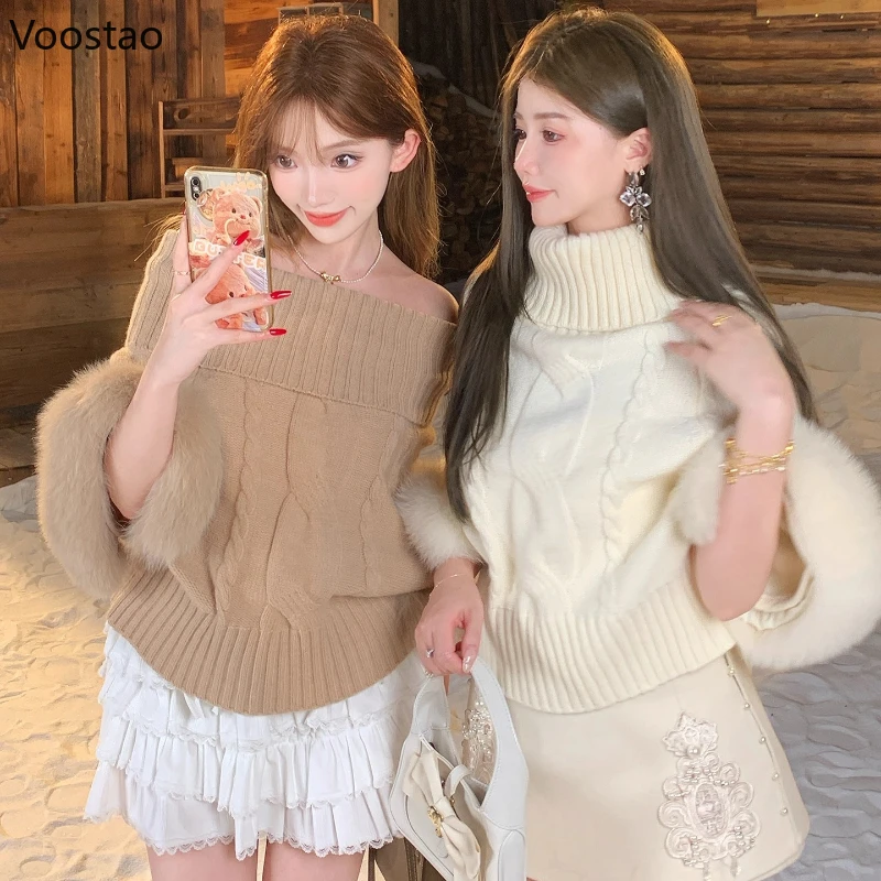 

Autumn Winter Elegant Women Loose Sweater Coat Sexy Slash Neck Fur Patchwork Knitted Pullover Casual Female Korean Knitwear Tops