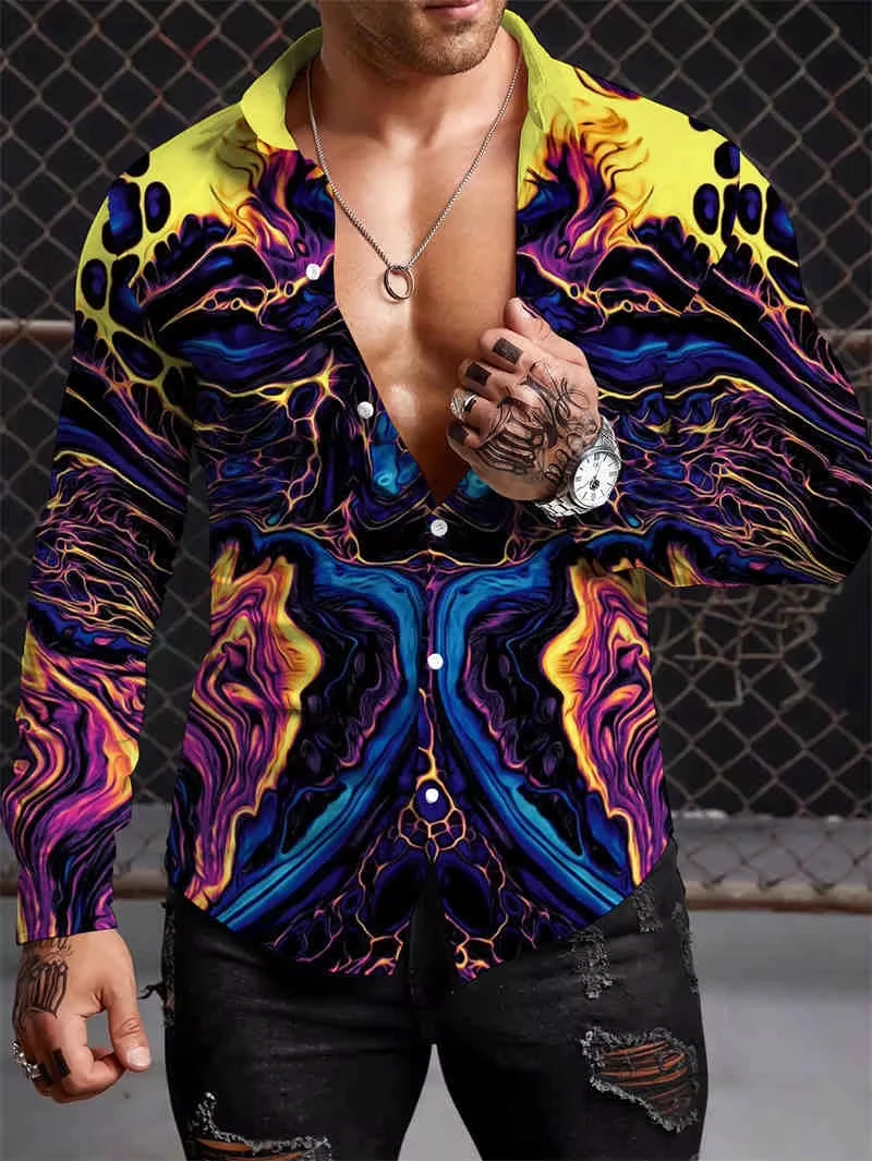 Men's Colorblock Button Shirt Printed Long Sleeve Fashion Casual Holiday Party Street Spring and Summer Lapel Printed Shirt。