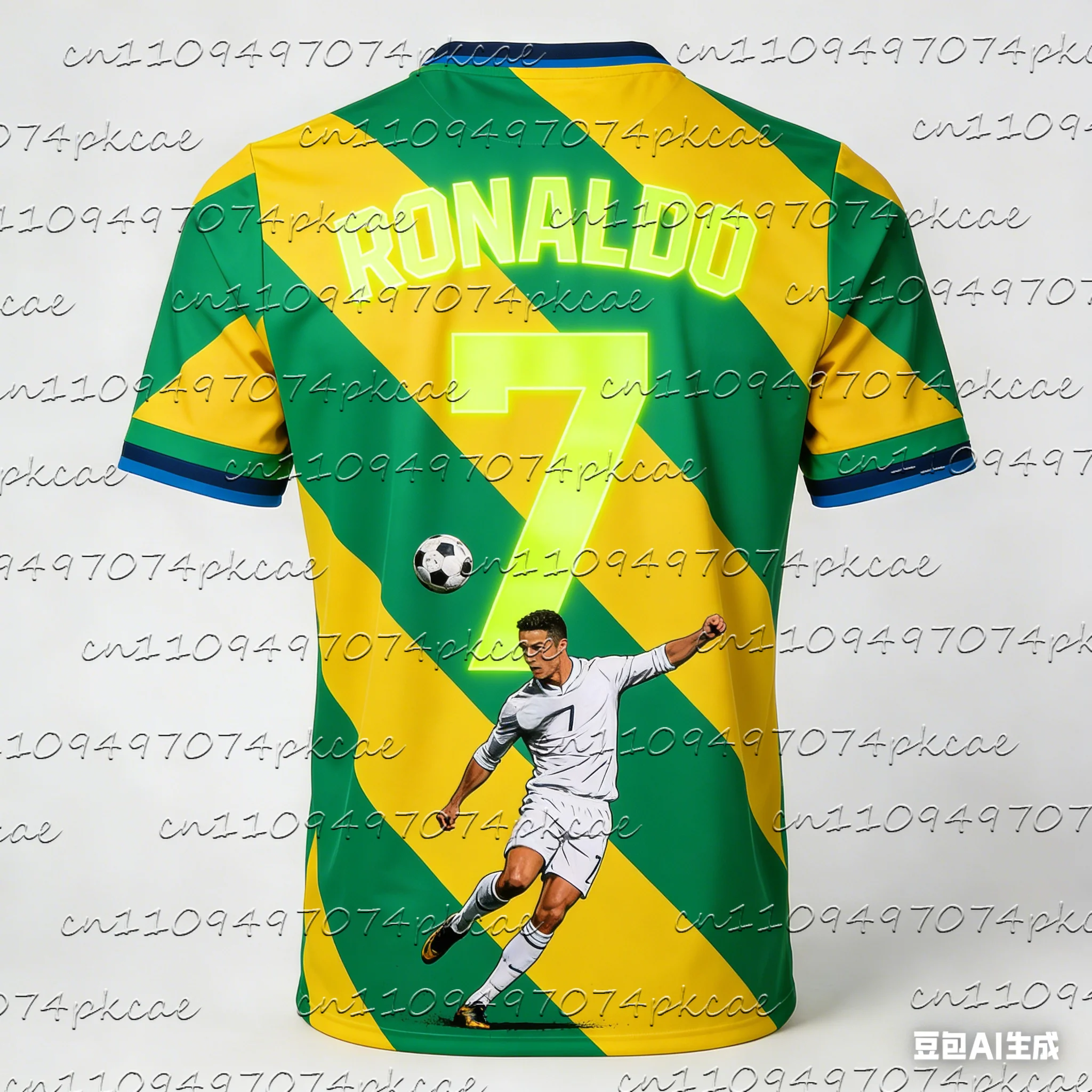 

New Green-Yellow Striped Ronaldo #7 Football Jersey Neon Print Summer Men's Women's Quick Drying Breathable Sports T-shirt