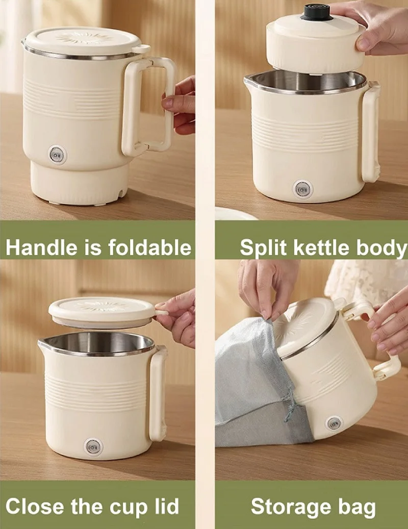 Многофункциональный горшок 600 Вт, портативный складной электрический чайник, чайник из нержавеющей стали 304, чайник для кипячения, 2 регулировки передач, быстрая чашка для молока, 800 мл