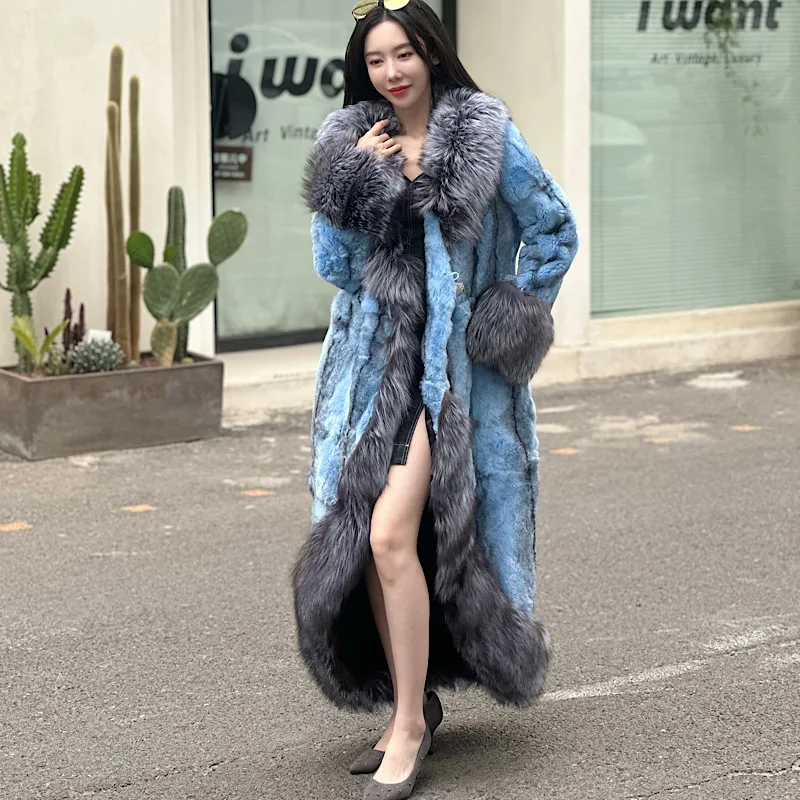 2024Winter Women  Real Rabbit Fur Coats With Fox Lapel Collar Natural Whole Skin Rabbit Fur Long Jackets Overcoat Luxury