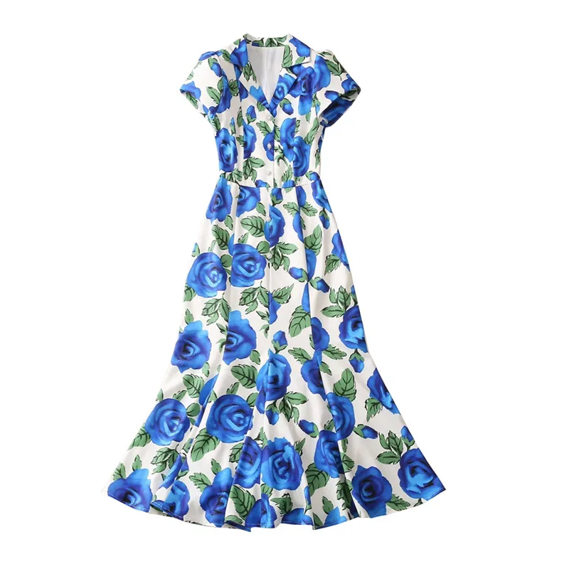 

2025 New Women Short Sleeve Mermaid Turn-Down Collar Dress