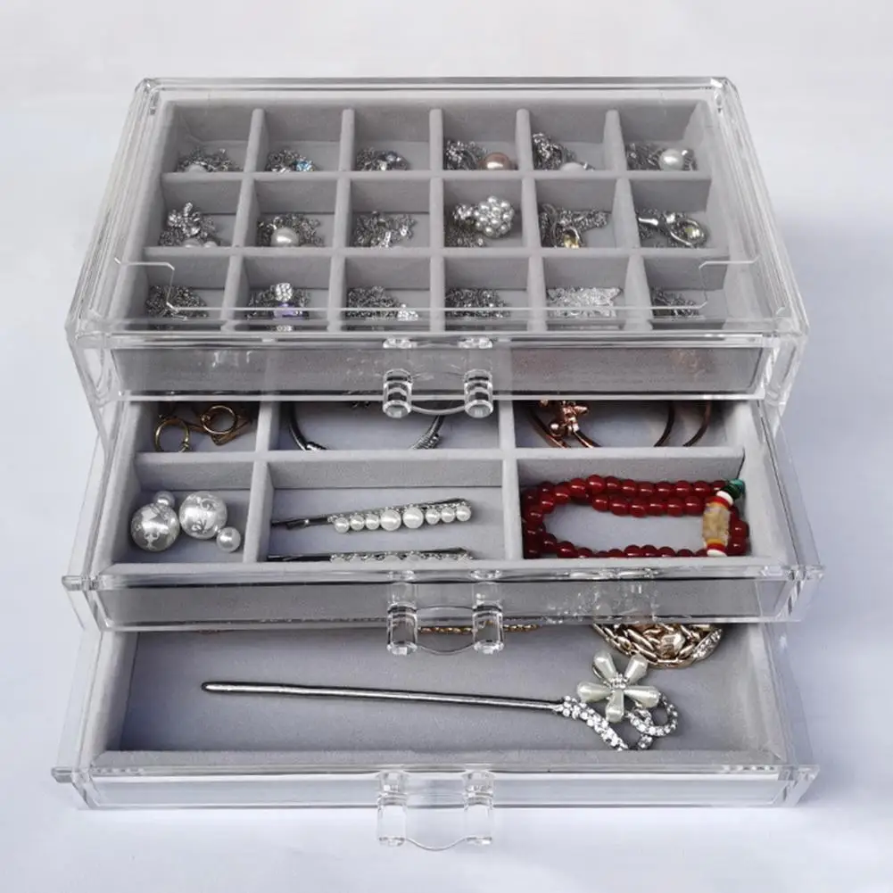 

Jewelry Organizer with 3 Drawers Multi Compartment Earring Holder Adjustable Trays Dust-proof Clear Jewelry Box