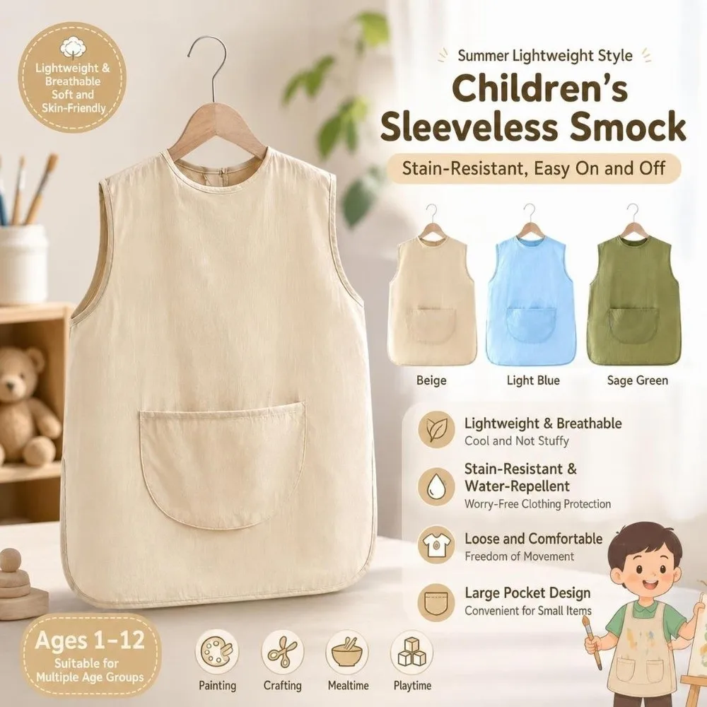 Durable Sleeveless Kids Bib Apron Lightweight Anti-Stain Toddler Smock Easy Clean Breathable Baby Eating Coverall Art Class