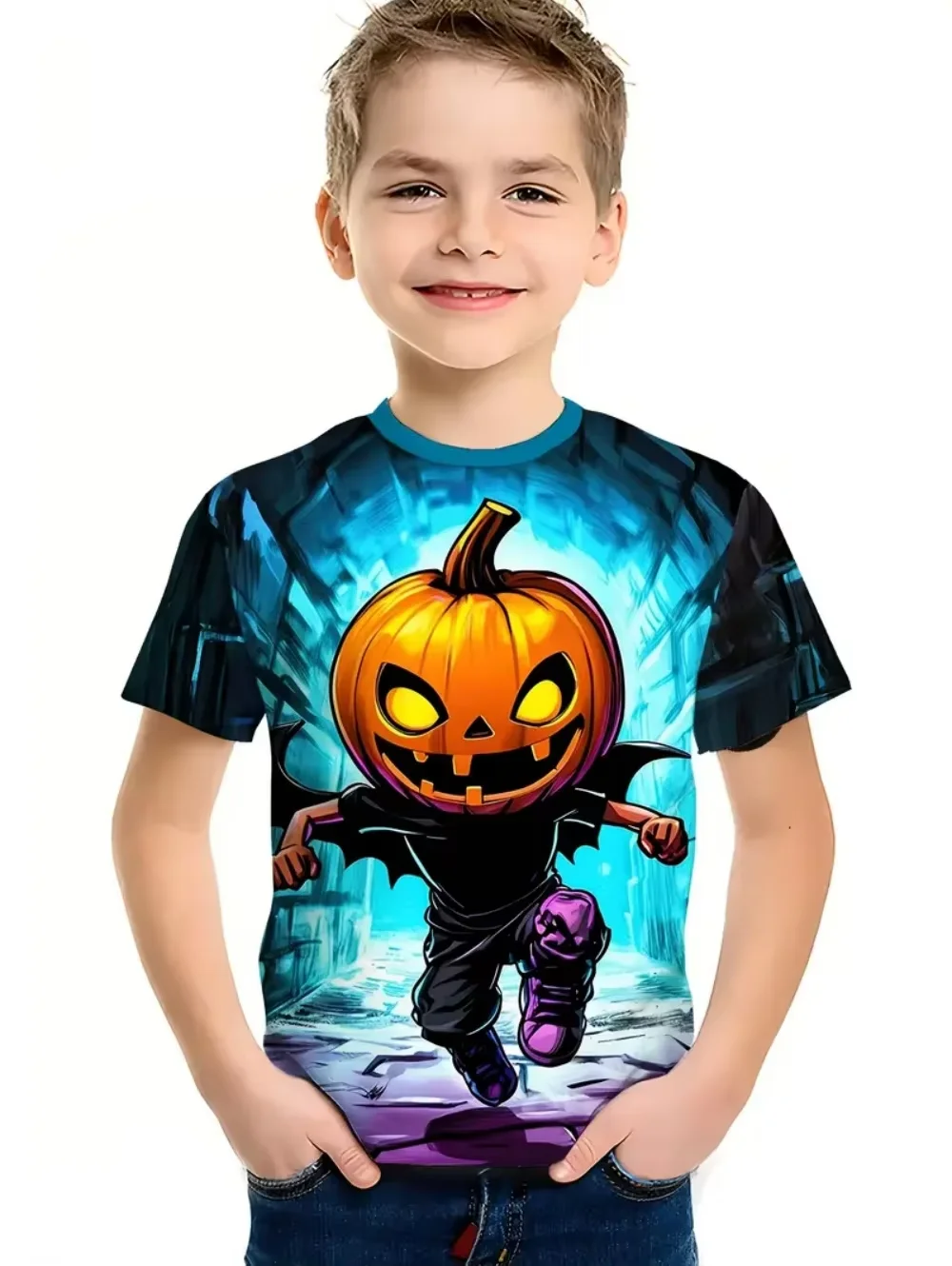 Halloween T-shirt Harajuku Pumpkin Print Short Sleeve Vintage Kids Clothes Holiday Spooky Children's Clothing Graphic T-shirts